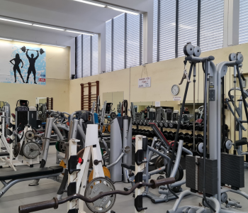 Photo d'accueil du site pour présenter la salle de musculation. On y voit la salle ainsi que divers appareils.